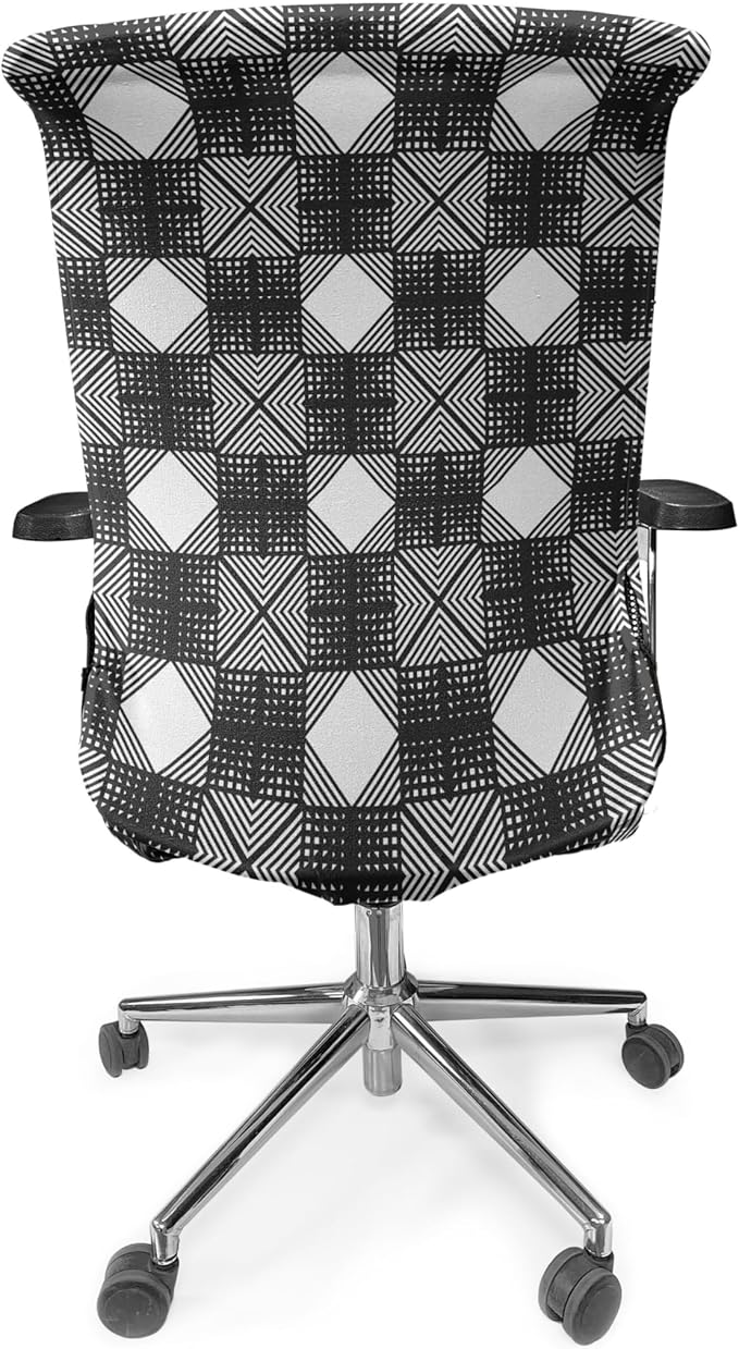 Ambesonne Geometric Office Chair Cover, Lattice Inspired Pattern with Symmetric Squares Modernistic Design, Stretchable Decorative Universal Size High Back Printed Slipcover, Charcoal Black