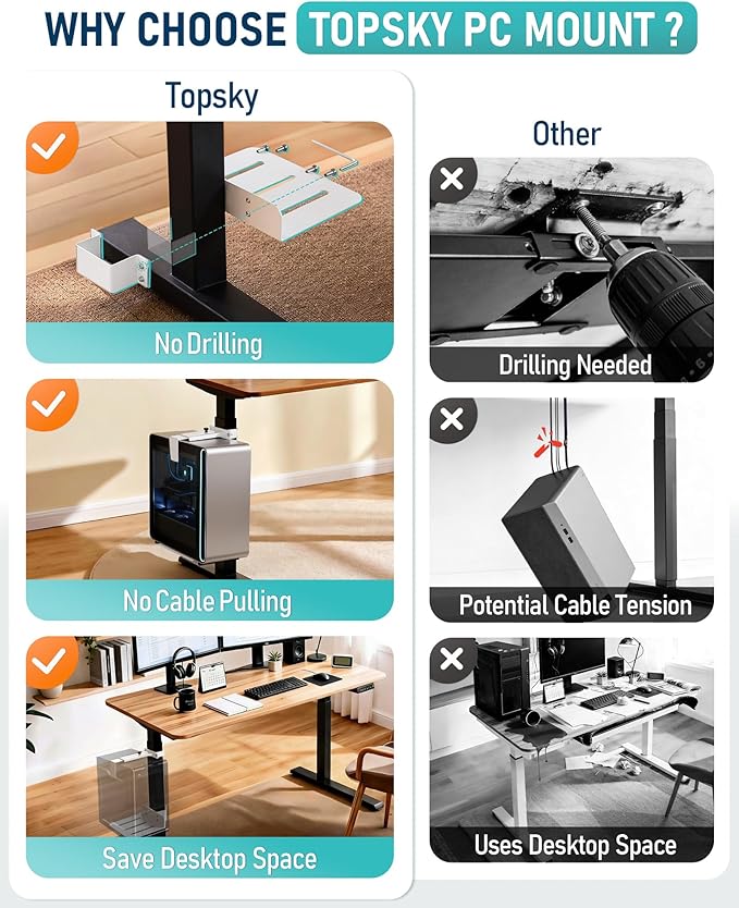 TOPSKY Adjustable Under-Desk PC Mount, No-Drill Computer CPU Holder for Standing Desks, Supports up to 50 lbs, Easy Installation, Compatible with Most Standing Desks（White）