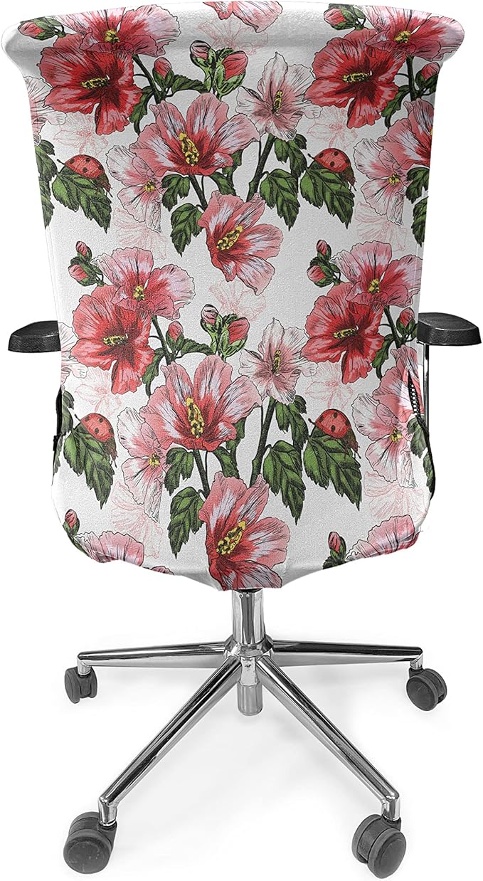 Ambesonne Ladybugs Office Chair Cover, Exotic Flowers Hibiscus Hawaiian Foliage Illustration Botany Spring Blossom, Stretchable Decorative Universal Size High Back Printed Slipcover, Coral Green