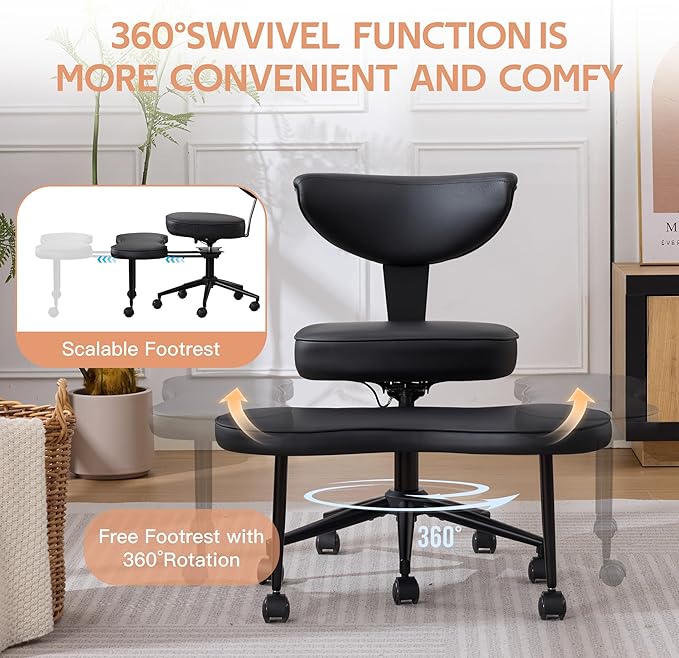 Ergonomic Kneeling Chair with Wheels, Cross Legged Office Chair with High Lumbar Support, 360° Swivel Meditation Chair for ADHD & Yoga, Wide Criss Cross Chair for Home