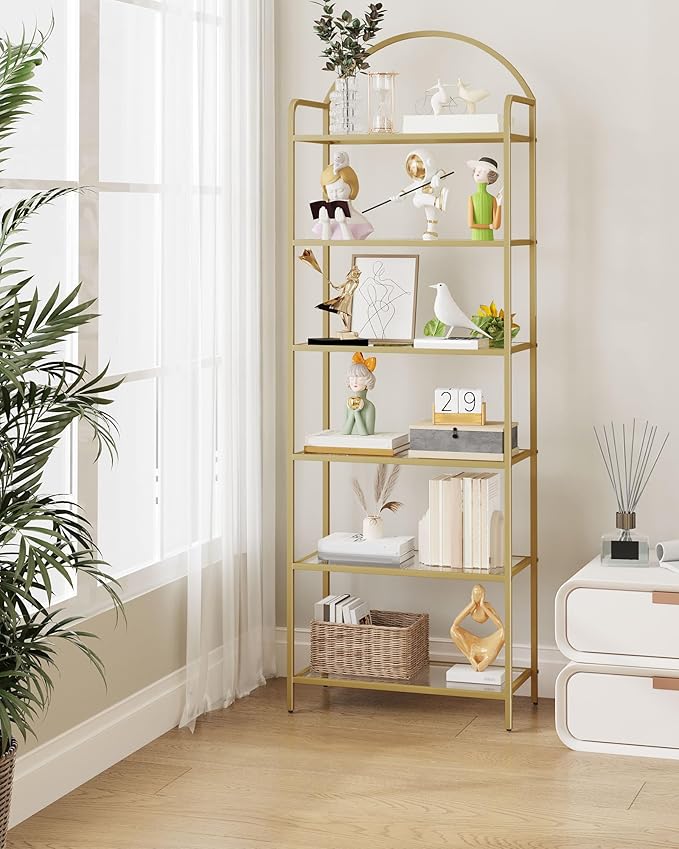 Hzuaneri Bookcase Bookshelf, Tempered Glass Bookshelves, Slim Shelving Unit for Bedroom, Bathroom, Home Office, Steel Frame, 6 Tier Gold BC21699G