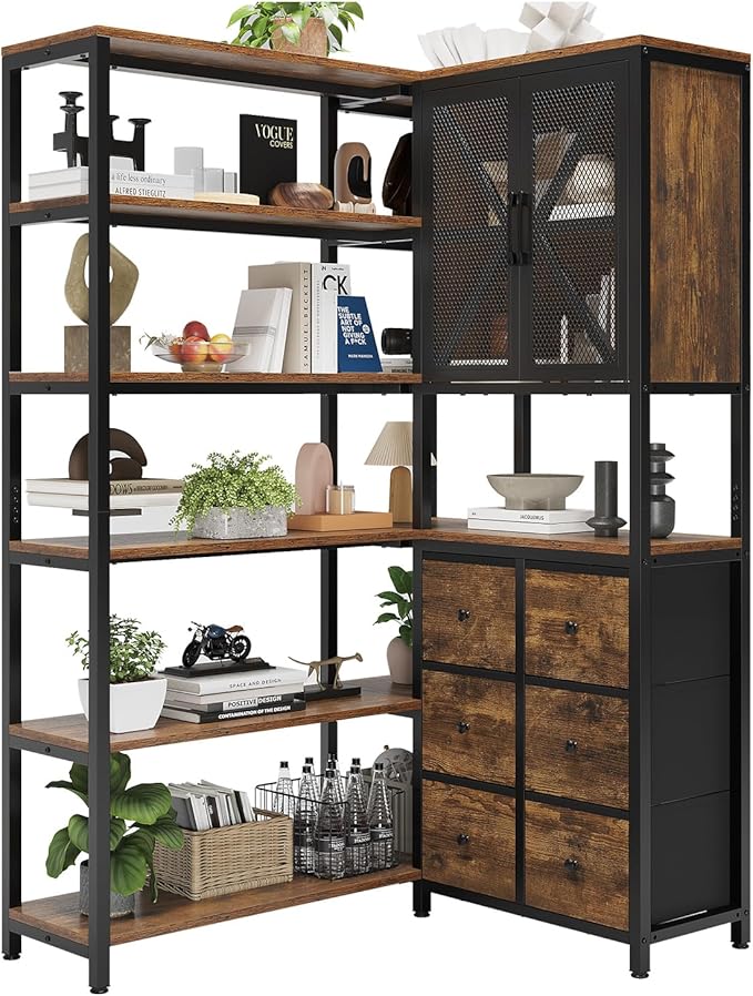 HAUOMS Corner Bookshelf, 6 Tier Industrial Convertible Bookshelf with 6 Fabric Drawers, Corner Bookcase Large L Shaped Storage Display Shelf for Home Office, Living Room, Kitchen, Rustic Brown