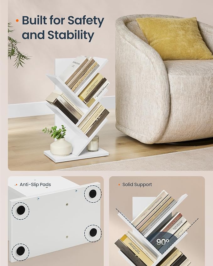 SONGMICS HOME 5 Tier Tree Bookshelf, Bookcase, Small Corner Shelf, Space Saving Book Tree for Home Office, Bedroom, Living Room, Brown