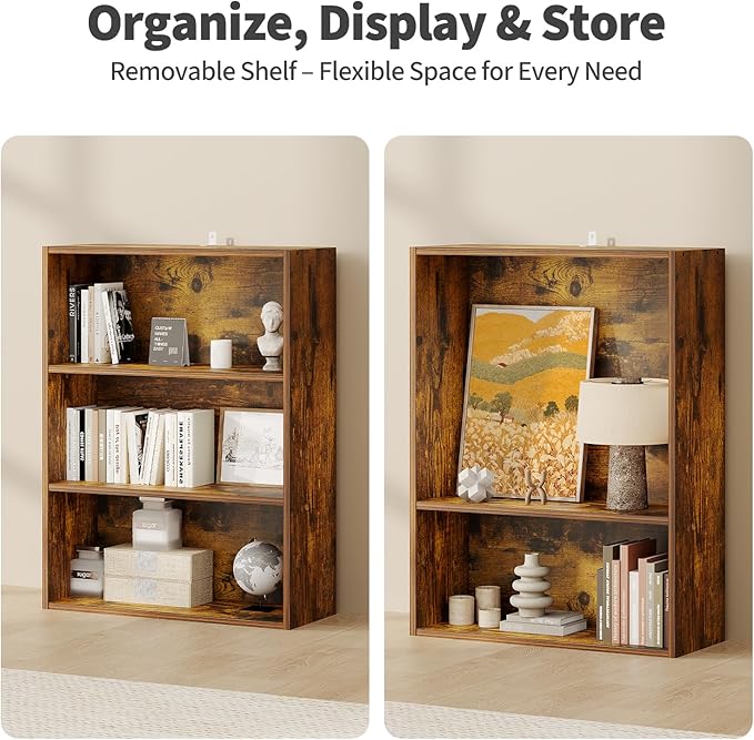 Sweetcrispy Industrial 3 Shelf Bookcase - Large 31.5 Inch Tall Floor Standing Open Bookshelf for Home Office, Living Room, and Bedroom Storage, Brown