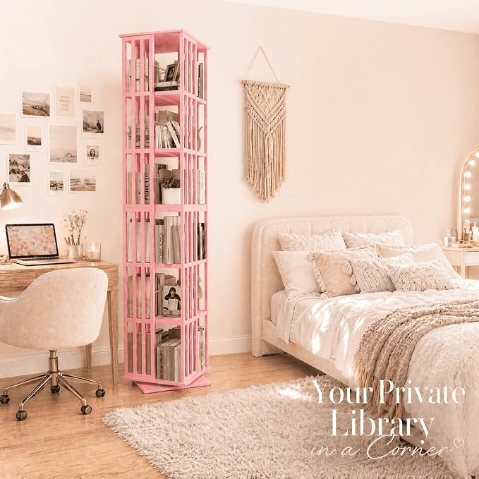 Lauxery Rotating Bookshelf Tower– 6 Tier 360° Spinning Bookshelf | Space-Saving Floor Standing Bamboo Revolving Bookcase for Small Space, Home Offices & Reading Corners |Pink