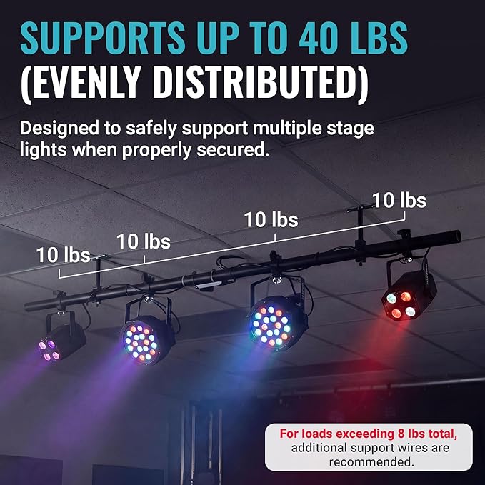 ALZO Suspended Drop Ceiling Mount Light Bar – 6 Ft Aluminum DJ & Stage Light Mounting Bar for T-Bar Grid Ceilings – 40 lb Capacity, 3 Adjustable Mounting Clips, 15 ft 3-Outlet Power Cord – White