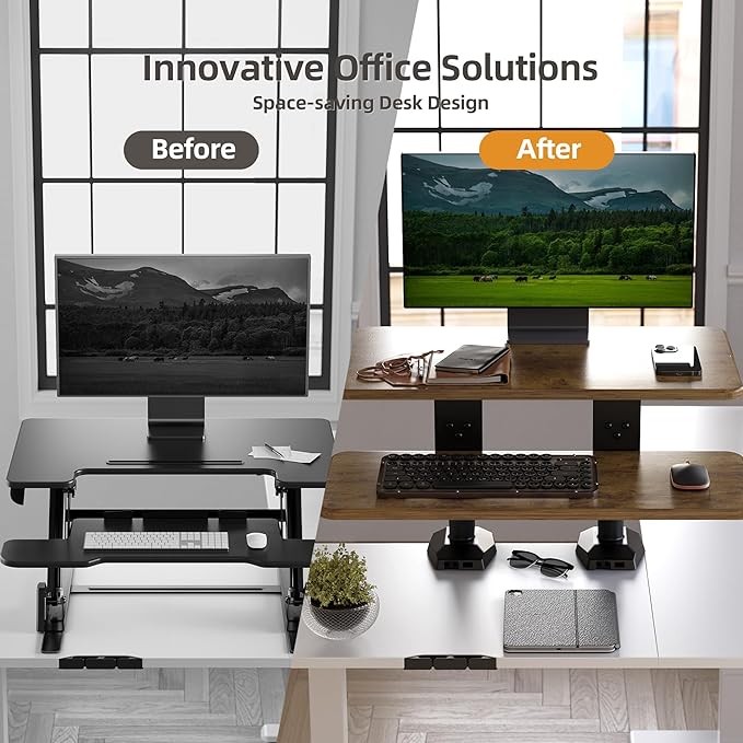 Claiks 24-Inch Sit-Stand Workstation，Innovative Space-Saving Height-Adjustable Ergonomic Desk Converter with Wide Keyboard Tray，Dual Fixation and Flexible Rotation Function, Rustic Brown