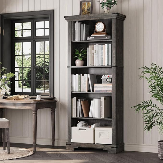 5-Tier Farmhouse Bookshelf, 61.1 inch Tall Bookcase with Storage & Unique Design & One Adjustable Shelf, Wooden Bookshelf for Study Room, Living Room, Home Office, Bedroom (Black)