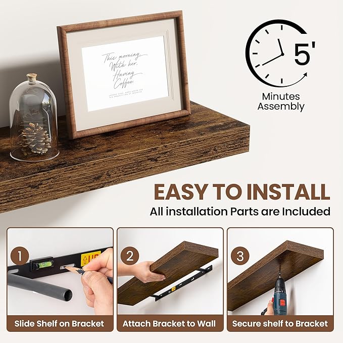 Acovy 72 Inch Floating Shelves for Wall 1 Pack, 72" Wall Shelves for Books, Storage, Decor, Wall Mounted Floating Shelf with Invisible Brackets for Kitchen, Living Room, Brown
