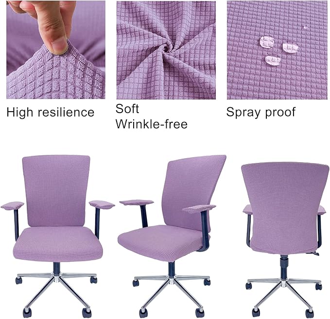 4Pcs Office Chair Covers Stretchable Set Desk Chair Cover Computer Chair Cover with 4 Non-Slip Elastic Straps Protective Armrest Slipcovers Pads Backrest Cushion for Rotating Chair (Purple)
