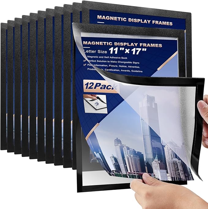 12 Pcs Magnetic Signs Holder, for 11" x 17" Letter, Sturdy PVC Magnetic Document Holder, Magnetic Picture Poster Frame, Can Self-Adhesive Wall/Door/Window or Magnetic for Refrigerator