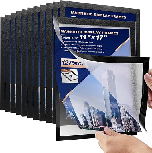 12 Pcs Magnetic Signs Holder, for 11" x 17" Letter, Sturdy PVC Magnetic Document Holder, Magnetic Picture Poster Frame, Can Self-Adhesive Wall/Door/Window or Magnetic for Refrigerator