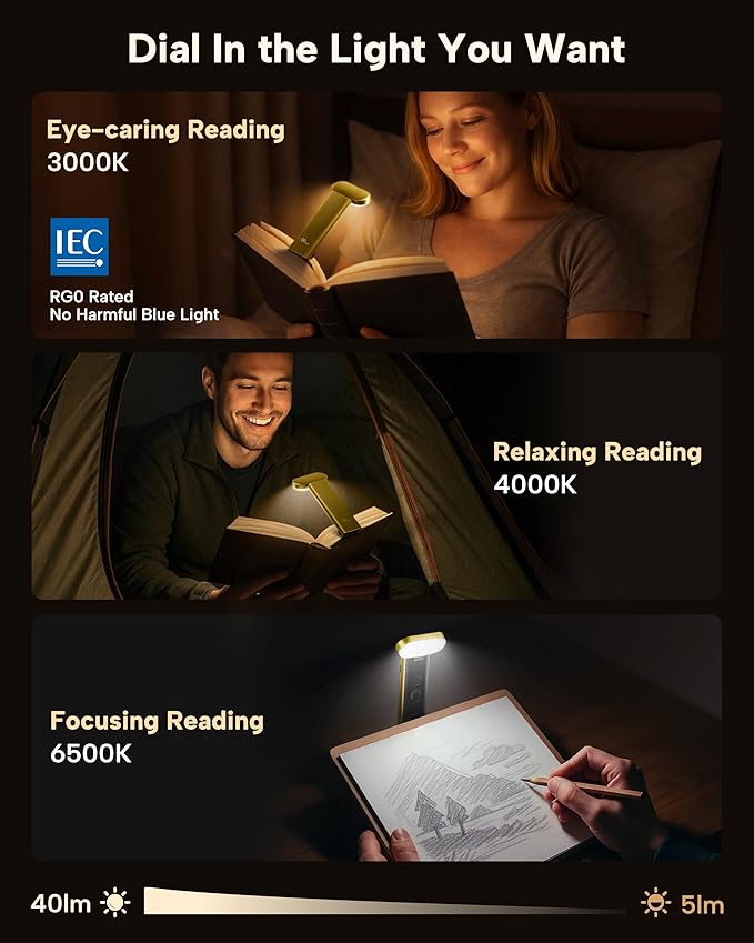 86lux Book Light, Reading Light for Book in Bed, USB Rechargeable LED Night Light with 3 Colors & Stepless Dimming, Aluminum Alloy Bookmark Light for Book Lovers, Yellow