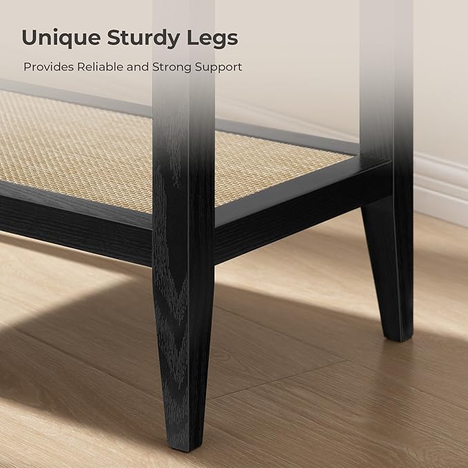 SICOTAS Rattan Nightstands Set of 2 - Boho Shelf Bedside Tables Narrow End Table Living Room Set of 2 Side Table with Rattan Storage Shelves for Small Space - Black Oak