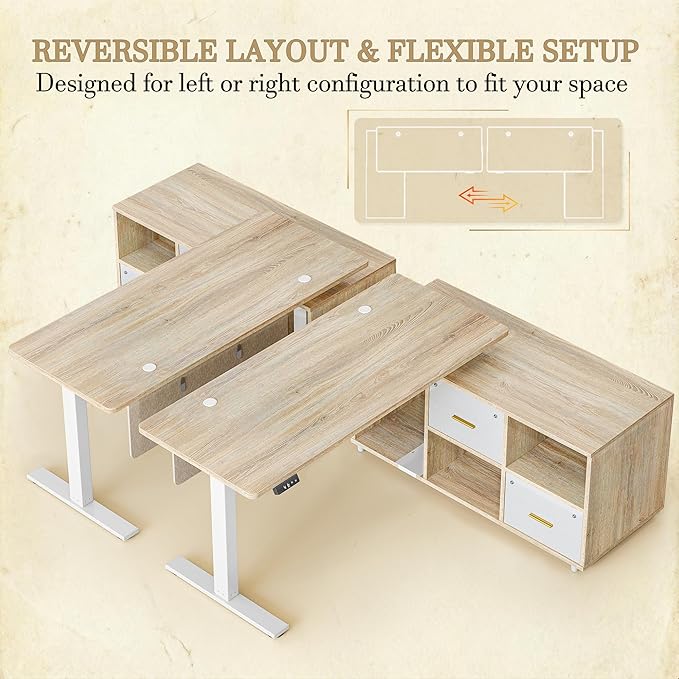TIQLAB L Shaped Standing Desk with Privacy Protection Panel, 61.4" x 47.2" Height Adjustable Corner Executive Desk with Drawers and Shelves, Standing Computer Desks for Home Office, Maple