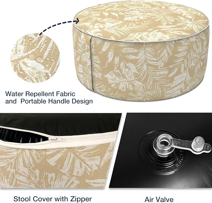 Outdoor Patio Inflatable Ottoman, 21x9 Inch Portable Stool Ottoman with Handle, Round Footrest Stool for Home Garden Camping, Tropical Leaf Oat