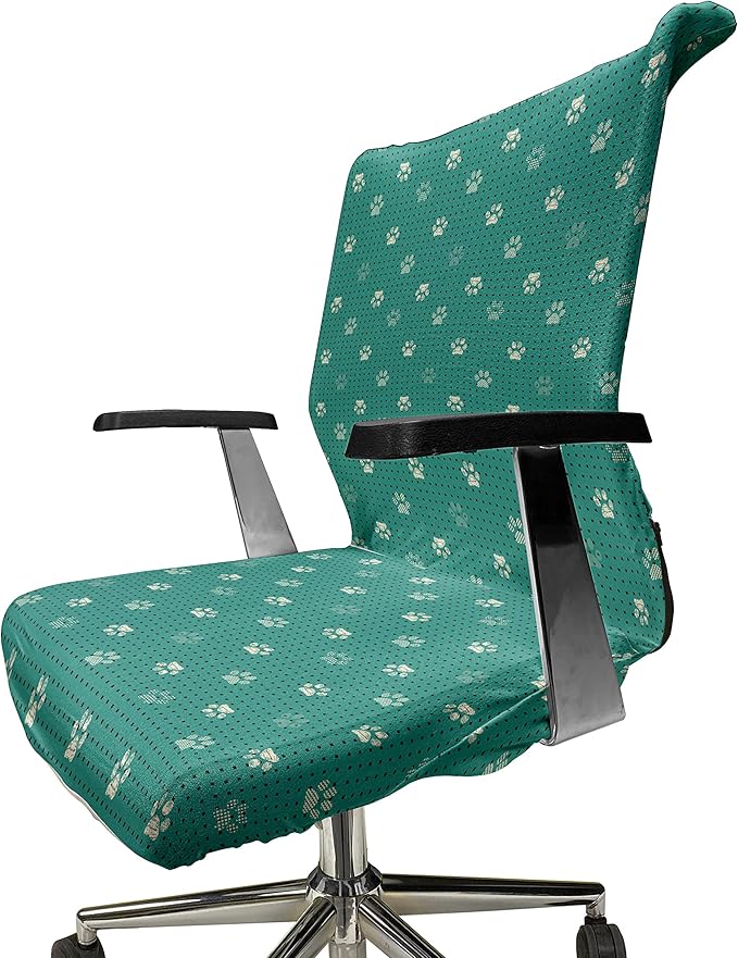 Ambesonne Paw Print Office Chair Cover, Modern Design Pattern of Animal Step Marks with Tiny Squares, Stretchable Decorative Universal Size High Back Printed Slipcover, Teal Ivory