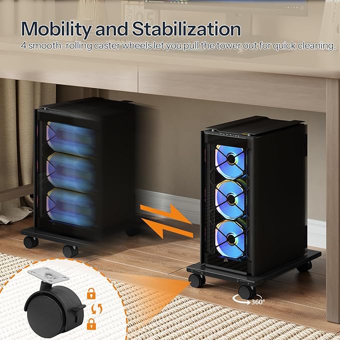 HOOBRO Mobile PC Stand, Ventilated Computer Tower Stand, PC Tower Holder with 4 Caster Wheels, CPU Holder Under Desk Fits Most Computer Tower, for Office, Gamers, Black BB46CJ01