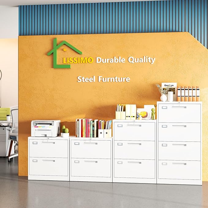 Metal Lateral 3 Drawer File Cabinet, Wide Filing Cabinet with Lock for Home Office Organization Hanging Files Letter/Legal/F4/A4 Size (White, Assembly Required)