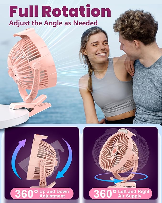 10000mAh Clip on Fan, 8-Inch Golf Cart Fan Rechargeable with LED Light, 9 Speeds Strong Airflow, Ultra Quiet, 30Hrs Runtime, 360° Rotation, Cooling for Bed Camping Office Desk Dorm, Pink