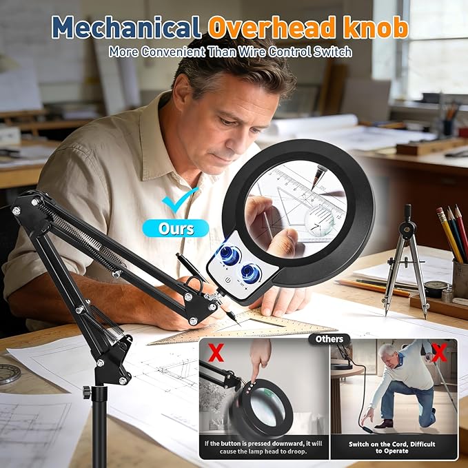 KIRKAS 30X 12X Magnifying Glass with Light and Stand, Stepless Brightness Color Modes & Adjustable Height Floor Magnifying Lamp, 2 in 1 Lighted Magnifier for Craft Reading Sewing Close Work- Black