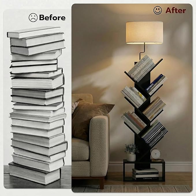 XBurmo 6 Tier Tree Bookshelf with Lights - Small Bookshelf Decor, Corner Bookshelf with Lamps, Living Room Storage, Tall Narrow DVD & CD Shelf, Comic Bookcases Standing for Bedroom or Office, Black