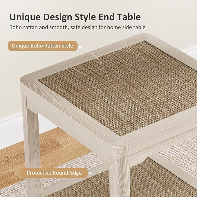 Eclatara Rattan End Table, Farmhouse Square Nightstand for Bedroom, Accent Side Table wtih Protective Round Edge and Ultra-Thick Stable Legs, Creamy White