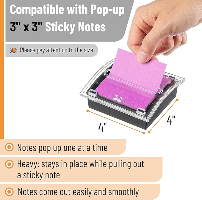 Mr. Pen- Pop Up Note Dispenser, 3" x 3", 6 Pack, Black Base, Clear Top, Sticky Note Dispenser, Sticky Note Holder for Desk