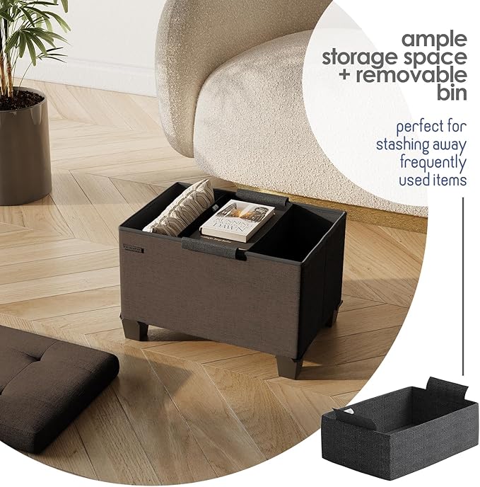 Storage Ottoman Cube with Small Bin, 16-in Square Ottoman with Storage for Living Room and Bedroom, Small Ottomans Foot Rest, Fabric Foot Stools Ottomans Max 330lbs, Brown