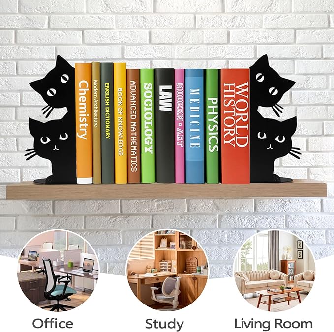 Peeping Cat Bookends for Shelves Decorative, Metal Book Ends for Heavy Books Book Stopper for Office Home Cute Desk Bookshelf Decor Cat Lover Gifts for Women (Black)