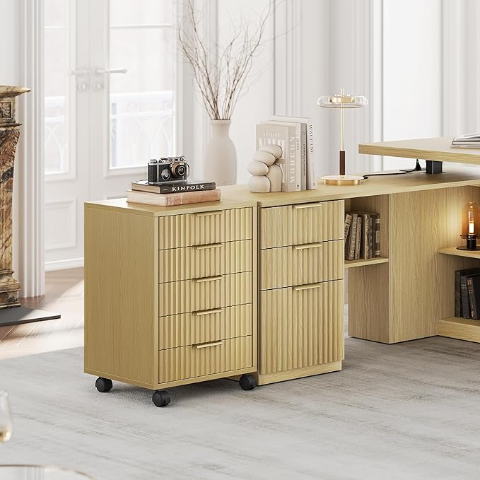 5 Drawer Chest, Under Desk Storage Wood Drawers with Wheels,Fluted File Cabinet for Home Office, Natural Walnut