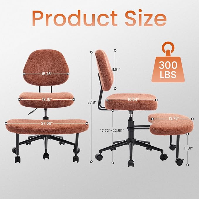 Criss Cross Chair Armless Office Chair for Cross Legged Sitting, 300lb Heavy Duty Ergonomic Desk Chair for ADHD, Adjustable Meditation Yoga Kneeling Chair with Brake Wheels for Home Office (Brown)