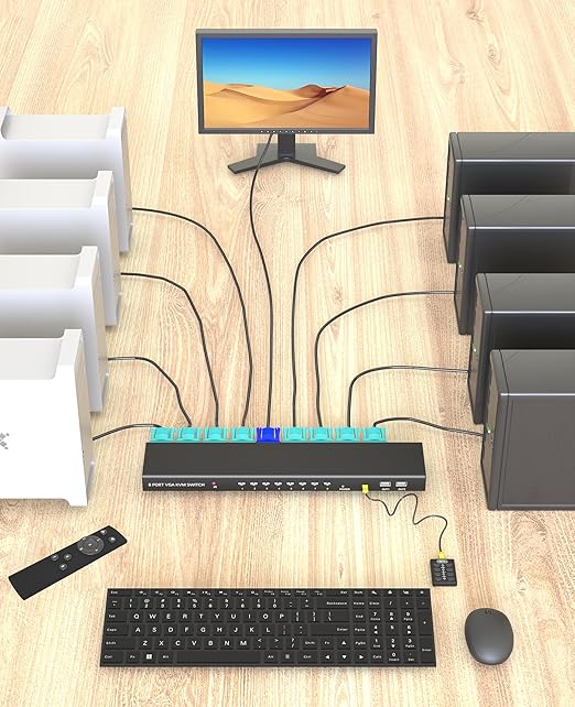 KVM Switch VGA 8 Port - KVM Switcher for 8 Computers Share 1 Monitor & 4 USB 2.0 Devices,Keyboard Mouse Printer,Driver-Free for All OS,8 Cables 1 IR Remote Included