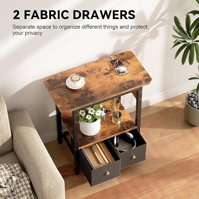 HLDIRECT Nightstand with Charging Station, Bedside Table with 2 Fabric Drawers and Large Storage Shelf for Small Space, End Table with Outlet and USB Ports for Living Room, Bedroom (Rustic Brown)