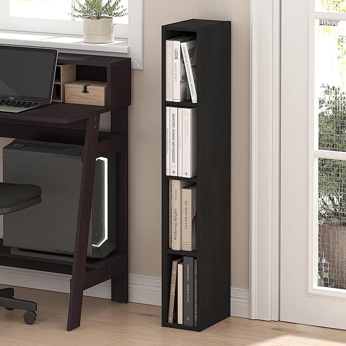Furinno Fulda Book Shelf, 4-Tier Narrow Bookshelf, Standing Bookcase with 6-in Width Storage Shelf, 9.3 x 5.9 x 41.6, for Organization and Storage, for Living Room, Bedroom, Home Office, Blackwood