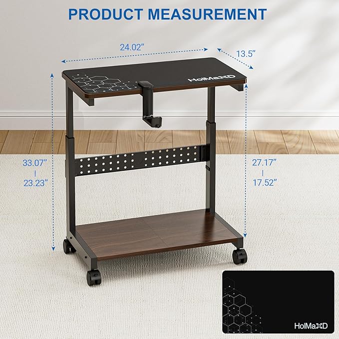 Height Adjustable Computer Tower Stand, 2-Tier ATX-Case CPU Holder with Mouse Pad & Headphone Stand, Mobile PC Standing Under Desk, Home Office Gaming Accessories, Computer Cart, Walnut