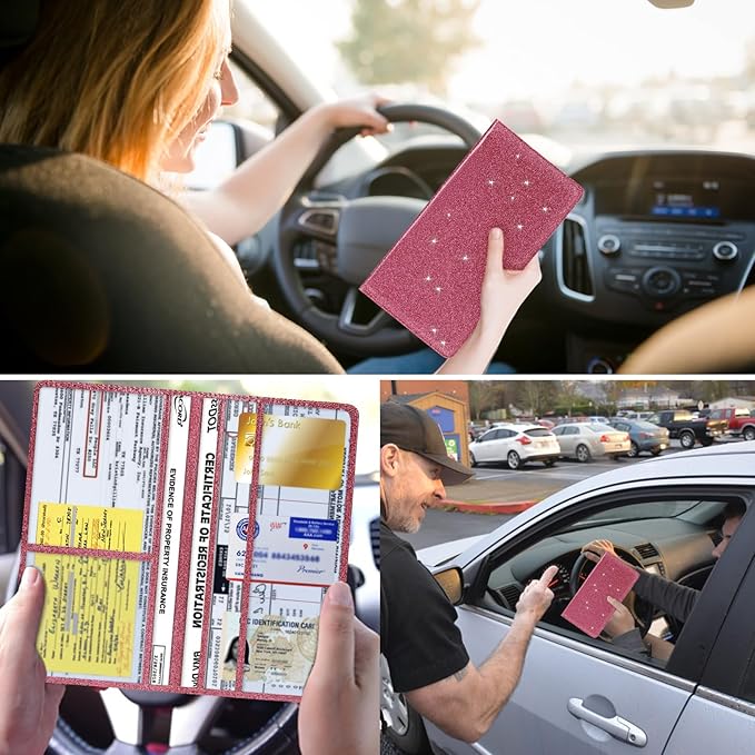 TILDOSAC 2Pack Leather Car Registration and Insurance Card Holder, Car Document Holder for Cards License with Magnetic Shut (Glitter Purple)