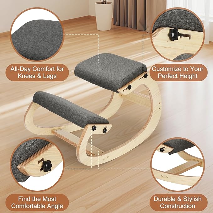 Ergonomic Kneeling Chair - Adjustable Seat, Smooth Rocking Base for Active Posture, Relieves Back & Spine Pressure for Office &Home Sturdy Kneeling Desk Chair Holds 300 lbs, Durable & Stable