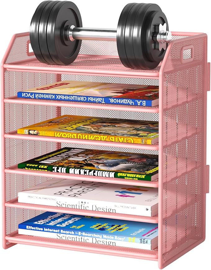 6 Tier Desk Organizer, Heavy-Duty Thick Metal Letter Tray Organizer, Large Capacity Desktop File Organizer for Heavy Files, Easy to Assemble for Home, Office & Classroom,Black,Pink