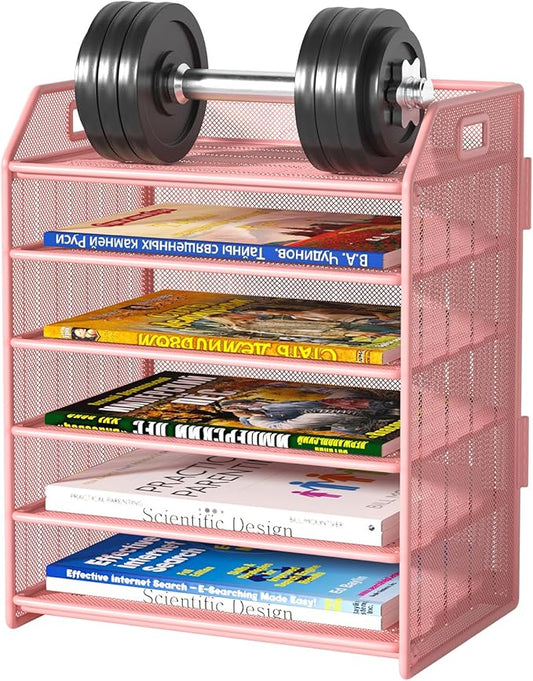 6 Tier Desk Organizer, Heavy-Duty Thick Metal Letter Tray Organizer, Large Capacity Desktop File Organizer for Heavy Files, Easy to Assemble for Home, Office & Classroom,Black,Pink