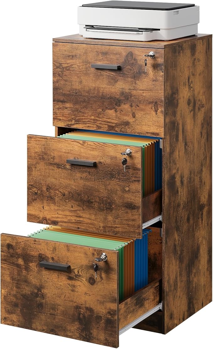 DEVAISE 3 Drawer File Cabinet, Wood Vertical Filing Cabinet with Lock, Home Office File Storage Cabinet for Letter and A4 Size, Rustic Brown