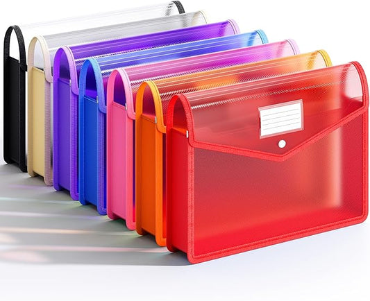7 Pack Plastic Expanding File Folder, Transparent envelopes with Snap Closure, Fit Legal/B4 Size for School/Office/Home/Hospital, No Dividers, Large Capacity-7 Colors