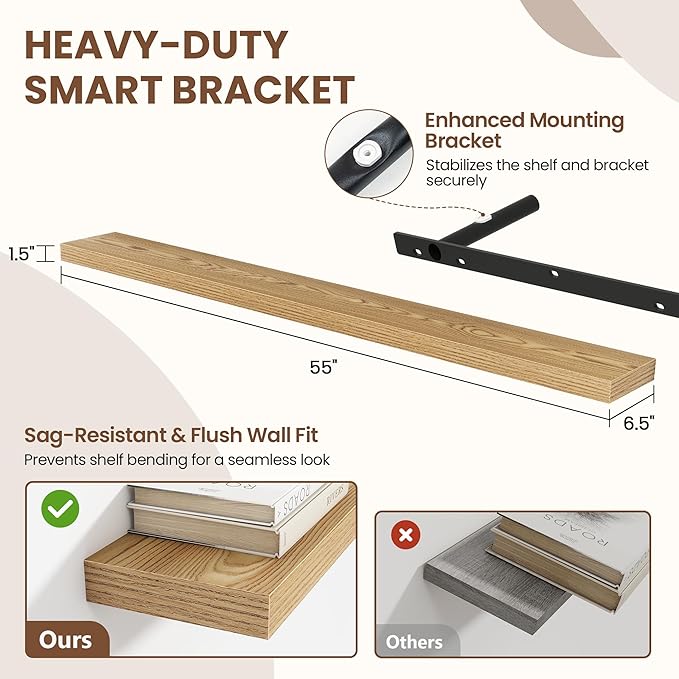 Acovy 55 Inch Floating Shelves for Wall 2 Pack, 55" Wall Shelves for Books, Storage, Decor, Wall Mounted Floating Shelf with Invisible Brackets for Kitchen, Living Room, Light Brown
