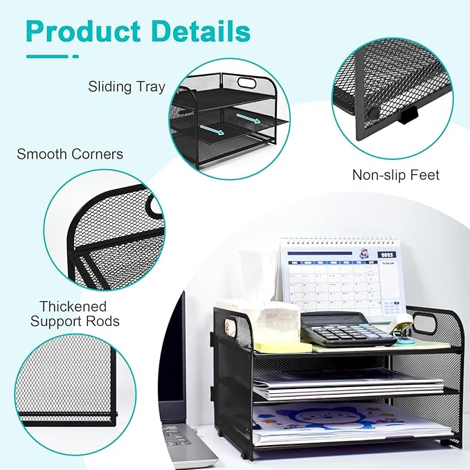 SAYEEC 3 Tier Paper Organizer Letter Tray with Handle Black Mesh Desk File Organizer with 1 Sliding Tray and 160 Paperclips Metal File Folder Holder Document Mail Paper Sorter for Office Home School