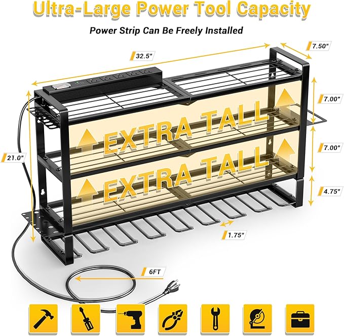 Large Power Tool Organizer Wall Mount with Charging Station,4 Layer Heavy Duty Metal Tool Storage Rack with 5-Outlet Power Strip,Loads 400lbs with 8 Cordless Drill Holder,Battery Utility Tool Shelf