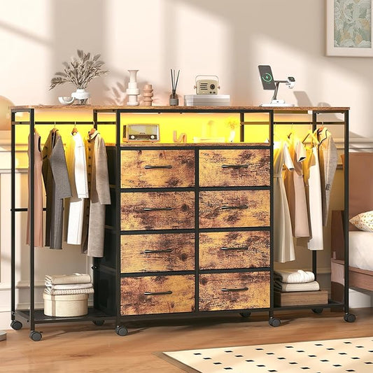 59.1" W Dresser for Bedroom with Hanging Rack, 8 Drawer Dresser with LED Lights & Charging Station, Fabric Dressers with Portable Wheels,Metal Frame, Wooden Top (Rustic Brown)