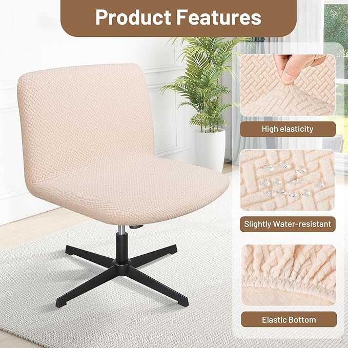Armless Chair Cover, Beige Office Criss Cross Desk Vanity Computer Task Chair Cover, Washable Modern Jacquard Wide Seat Swivel Cross Legged Office Chair Slipcovers（Only Covers, No Chairs）
