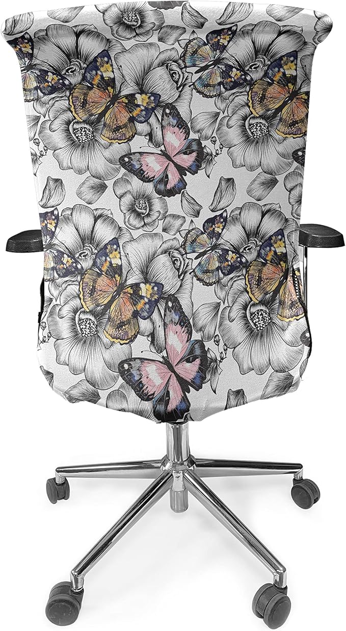 Ambesonne Butterfly Office Chair Cover, Monochrome Floral with Colorful Summer Season Animal Blooming Flowers, Stretchable Decorative Universal Size High Back Printed Slipcover, Pink Orange