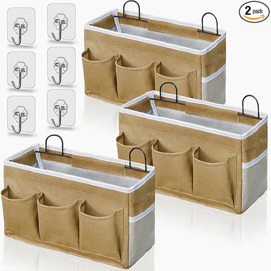 Kanrichu 2pcs 3-pockets Large Wall Hanging Organizer Bag, Linen Fabric Door Hanging Storage Baskets with Pockets, Waterproof Bin for Kitchen, Bedroom, Office, RV Camper (Khaki-3pcs)