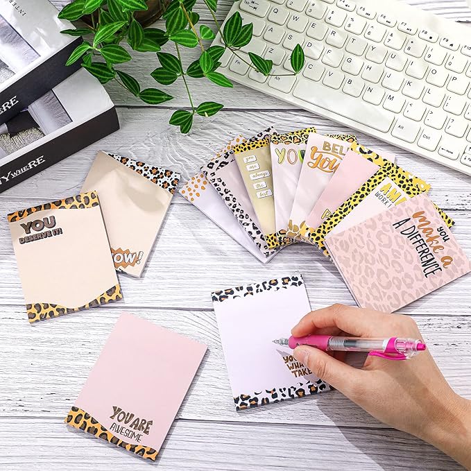 12 Pieces Empowering Sticky Note Pads 3" x 4" Motivational Educator Sticky Notes Inspirational Self Stick Note Pad Funny Sticky Notepad Appreciation Gifts for Teacher Office Student (Leopard)